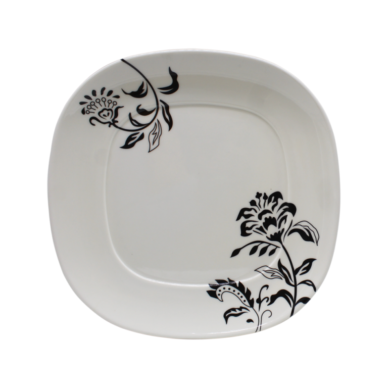 PLATO CUADRADO BORDE OVALADO DISEÑO FLORES NEGRAS