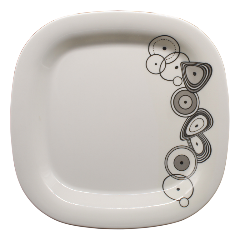 PLATO CUADRADO CON CURVA PEQUEÑO DISEÑO CÍRCULOS NEGROS